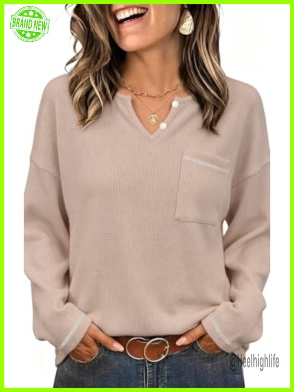 Waffle Knit V-Neck Button Tunic Long Sleeve Relaxed Fall Top
